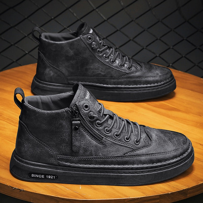 High Top Casual Board Shoes - Trendy and Versatile Black Workwear Boots for Men