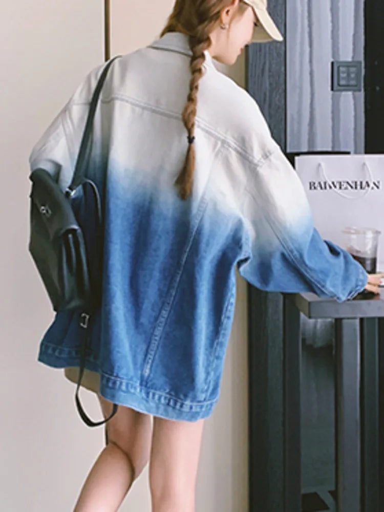 Gradient Blue Denim Jacket for Women – Stylish Long Sleeve Loose Streetwear Coat