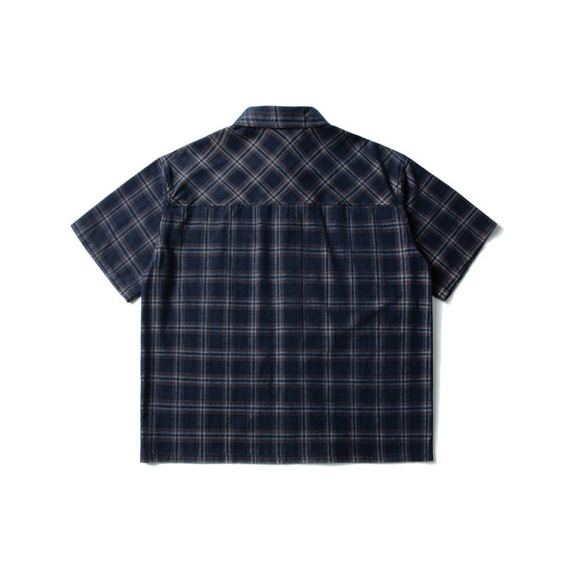 Chenille Plaid Lapel Short Sleeved Shirt for Men