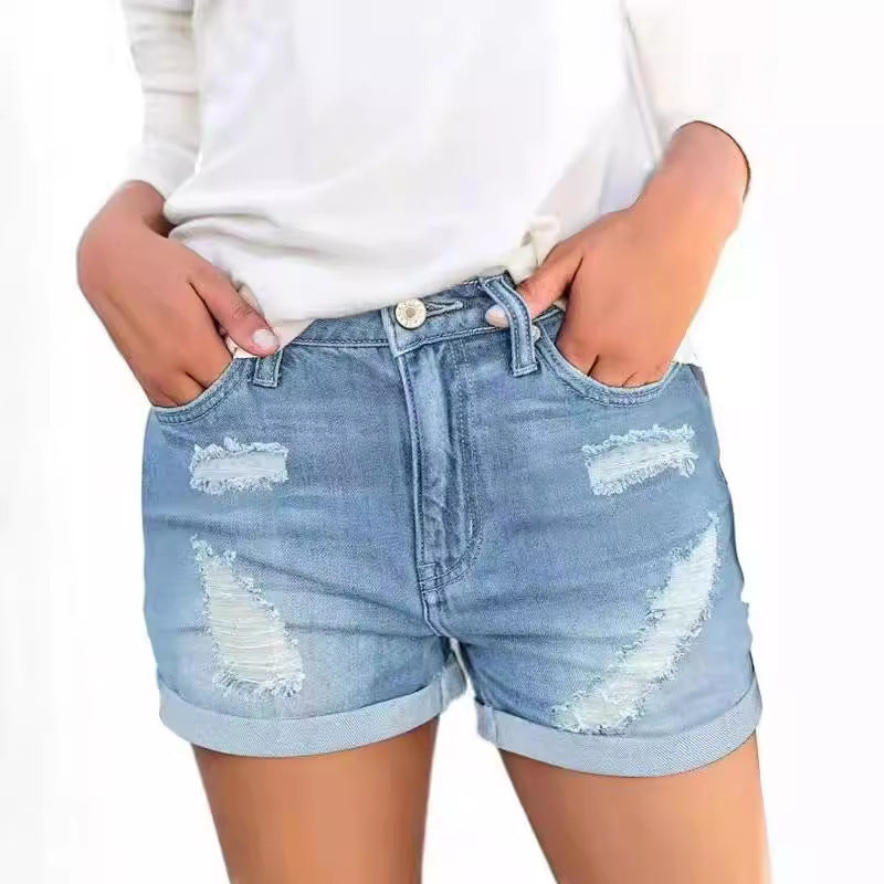 Style Distressed Cuffed Denim Shorts for Women