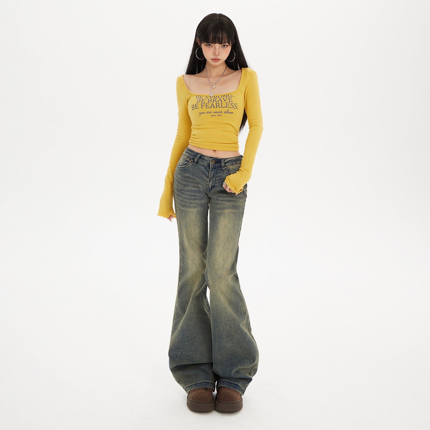 Flared Denim Pants for Women - Low Waist Slim Wide Leg Elastic Floor-Length Trousers