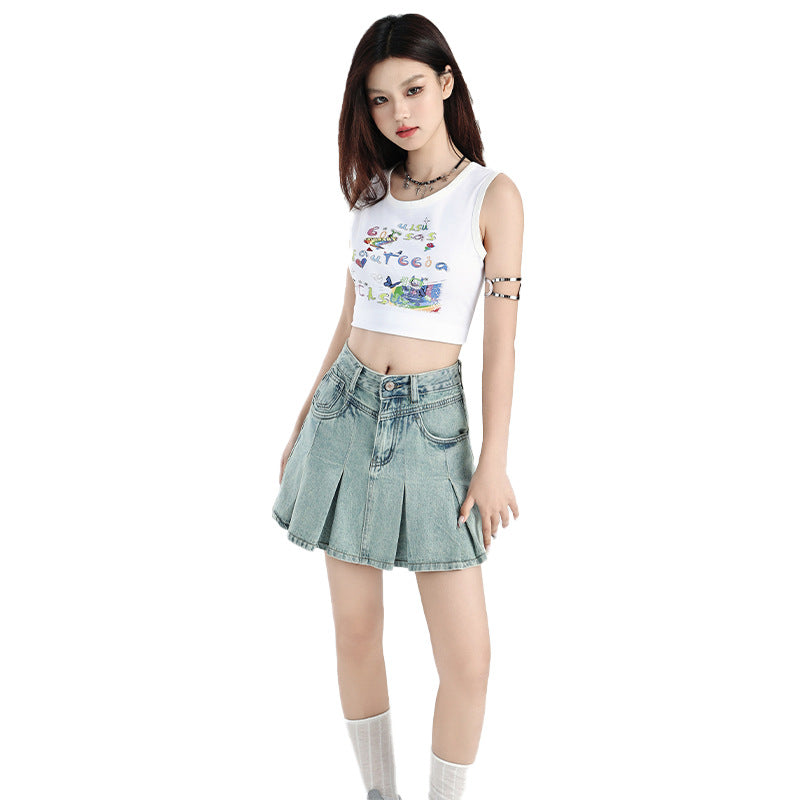 Women's High Waist Pleated Denim Skirt - Slim Fit, Short Length