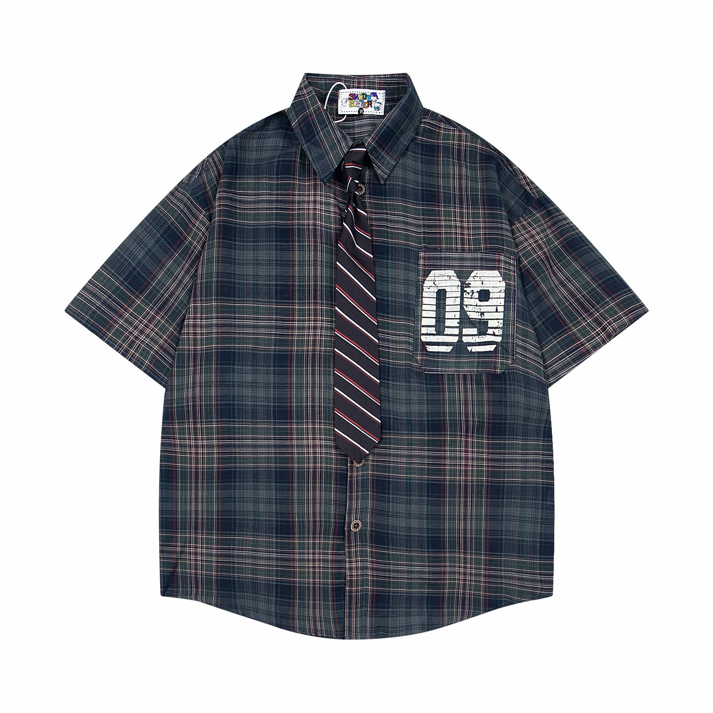 Retro College Style Plaid Short Sleeve Shirt with Tie for Men and Women