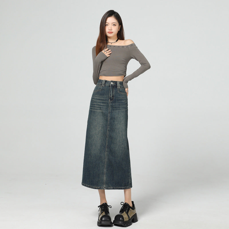 Women's Vintage Blue Slimming Denim Skirt with Slit Design