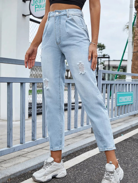 Premium Distressed Straight Jeans with Pockets