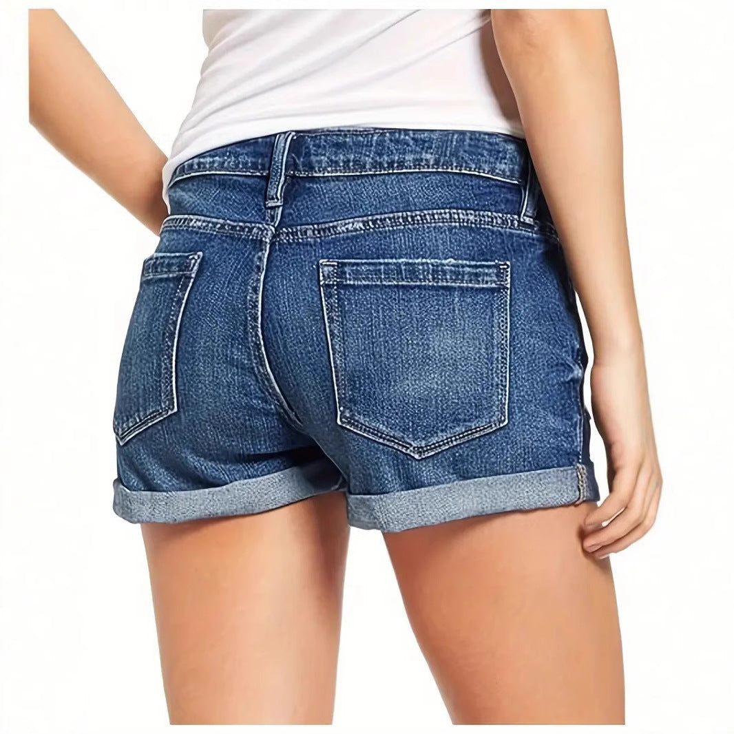 High Waisted Elastic Hole Denim Shorts for Women - Casual Deep Blue