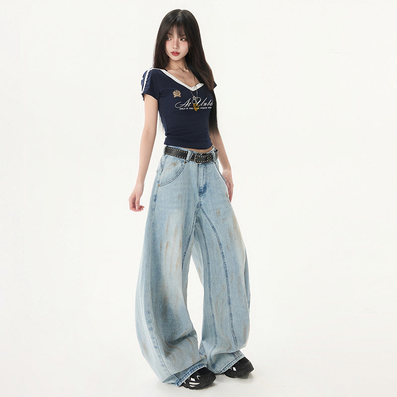Dye-Effect Knife-Edge Denim Pants - Mid-Waist Patchwork Wide-Leg Floor-Length Pants