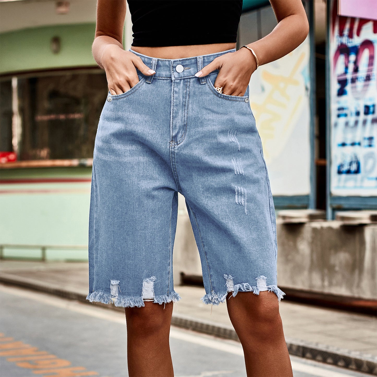 European & American Denim Ripped Cropped Pants with Fringed Hem for Women