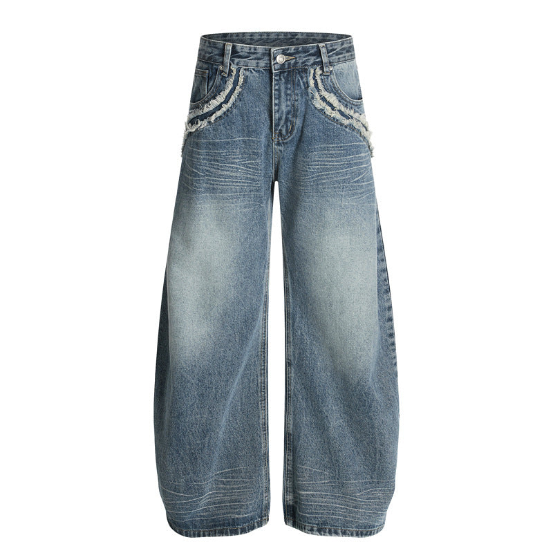 Men's Fuzzy Pocket Denim Pants - Washed Blue Loose Fit Trousers