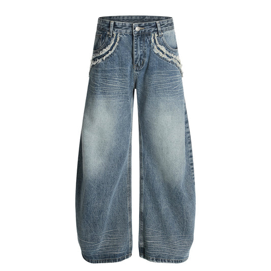 Men's Fuzzy Pocket Denim Pants - Washed Blue Loose Fit Trousers