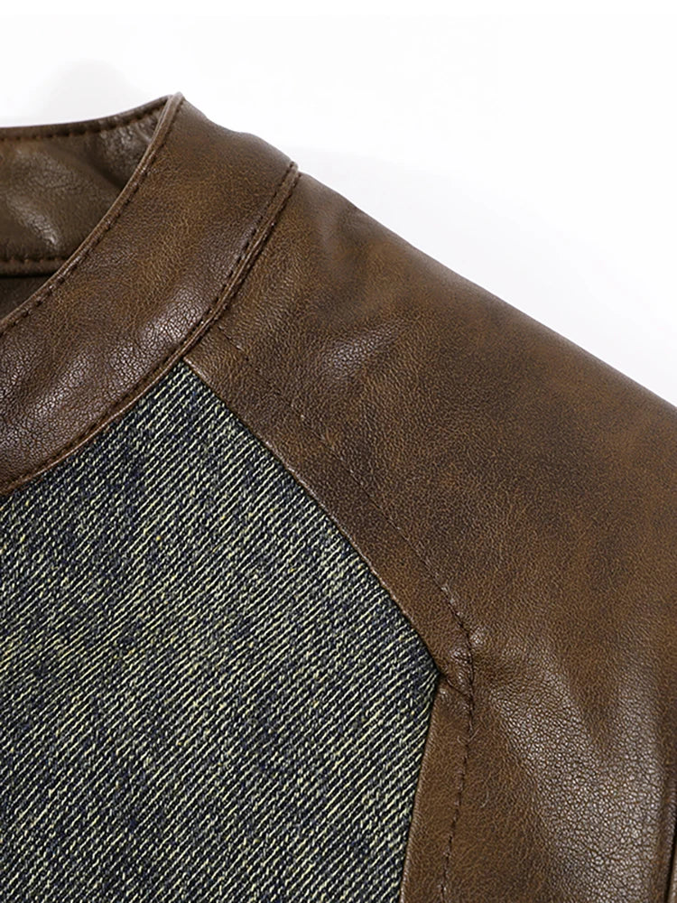 Women's Vintage Denim Biker Jacket with PU Leather Patchwork