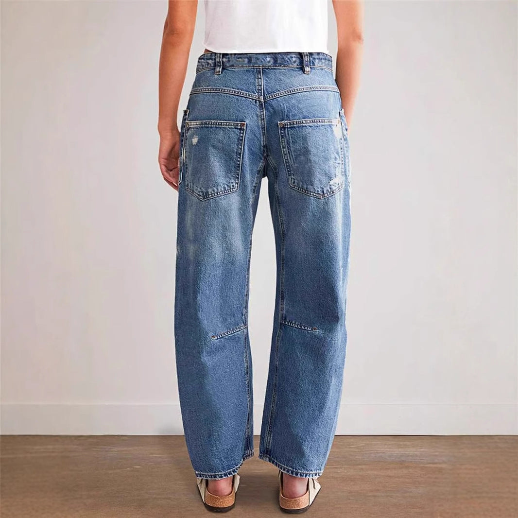 Broken Hole Straight Tube Casual Splicing Loose Jeans for Women