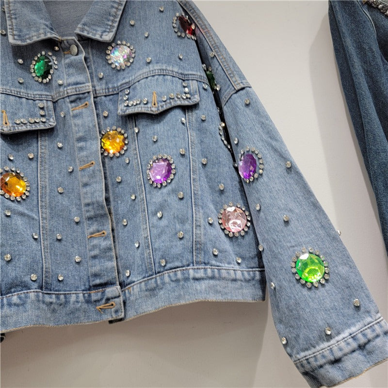 Colorful Diamond Denim Jacket for Women