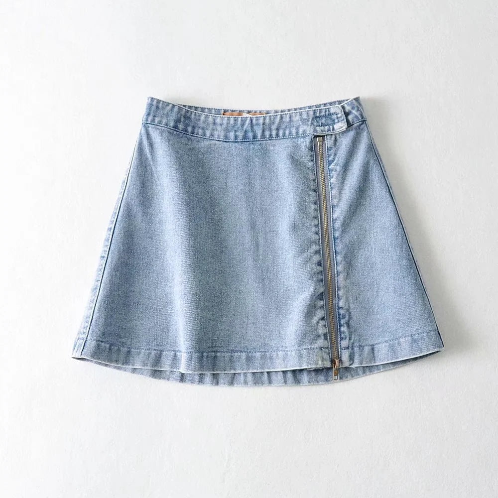 Women's Light Blue High-Waisted Denim Skirt with Side Zipper
