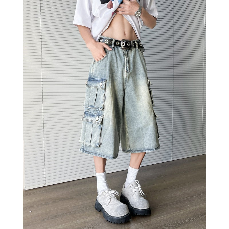 Retro Distressed Wide Leg Seven Quarter Pants