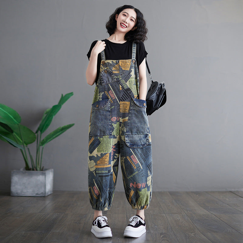 Fashionable Artistic Retro Printed Denim Overalls for Women with Ankle Binding