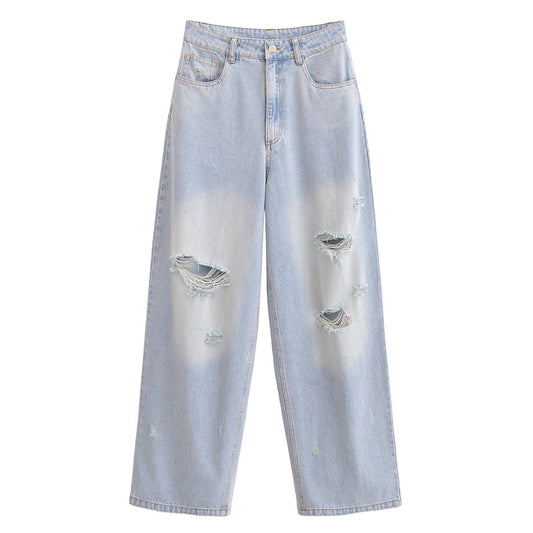 Versatile High-Waisted Ripped Loose Distressed Denim Pants for Women