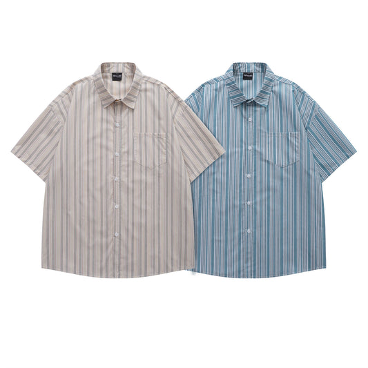 Retro Simple Vertical Stripe Loose Casual Short Sleeve Shirt