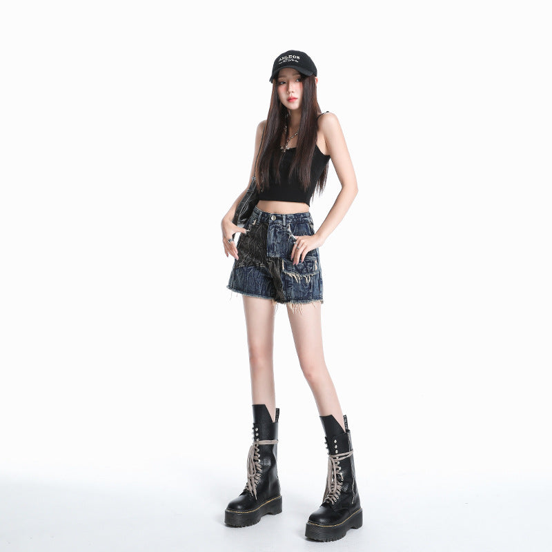 Women's Lightweight Denim Summer Shorts - Petite A-Line Color Blocked Loose Wide-Leg Hot Pants