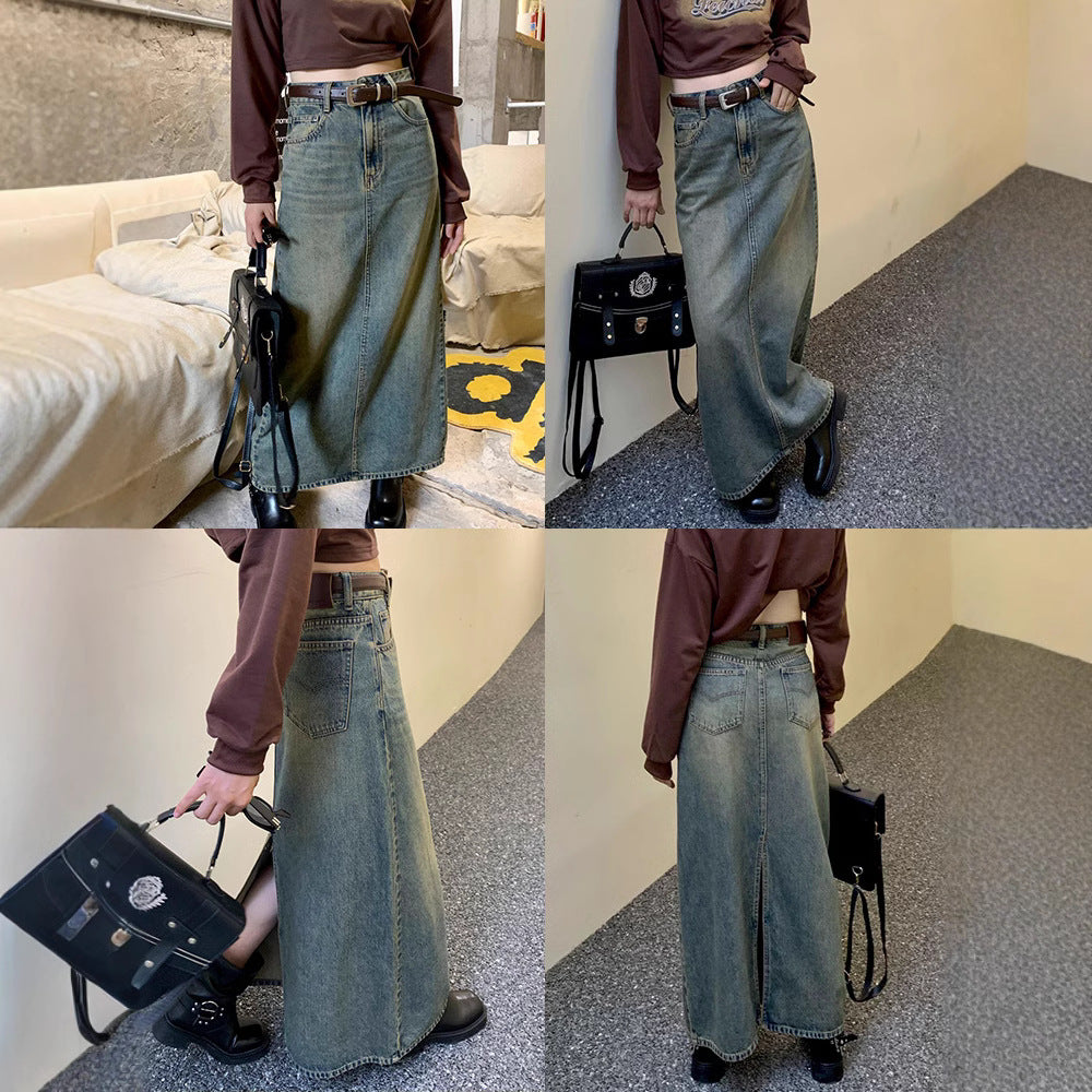 Retro High-Waist Slim A-Line Long Denim Skirt
