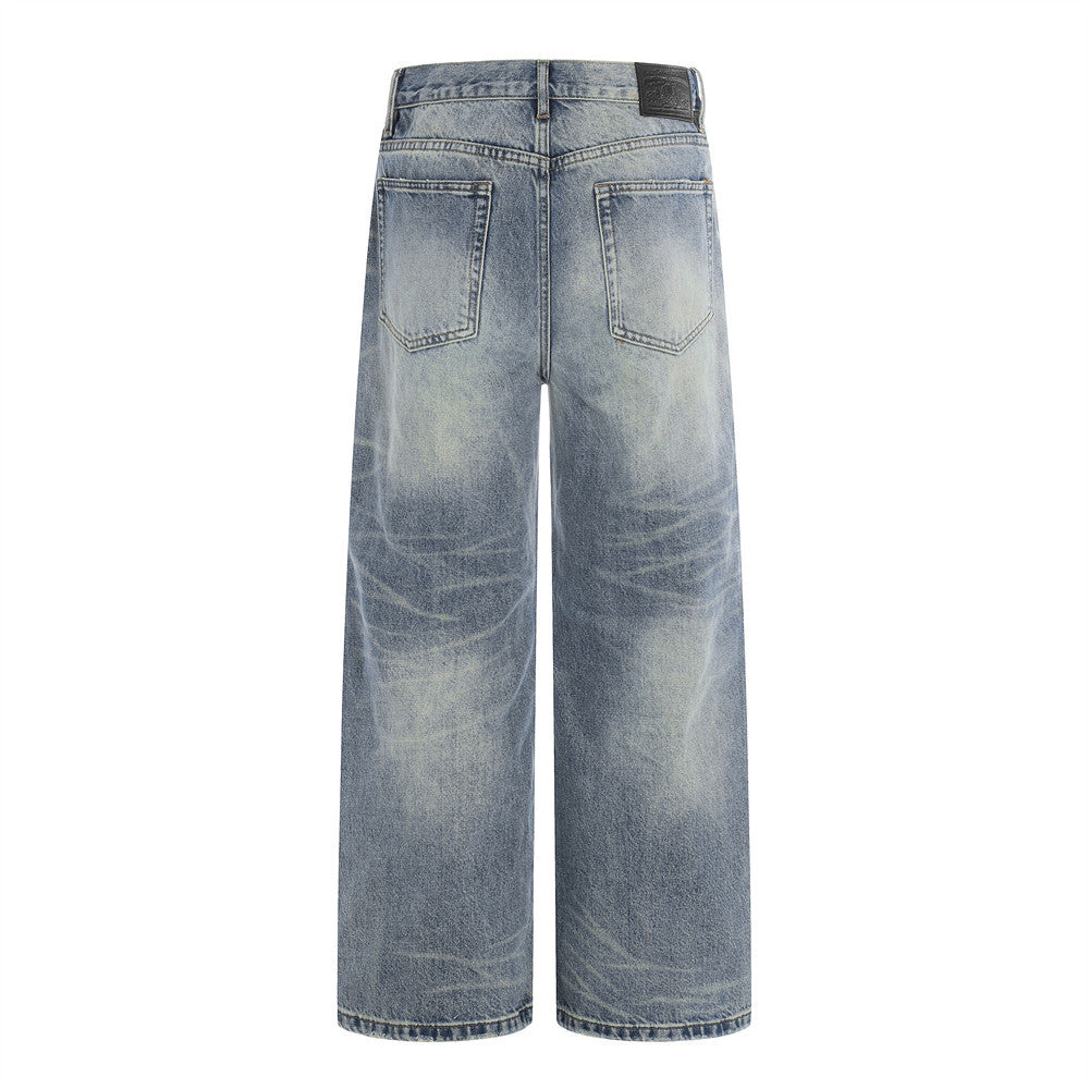 Grinding White Washed Denim Straight Leg Pants