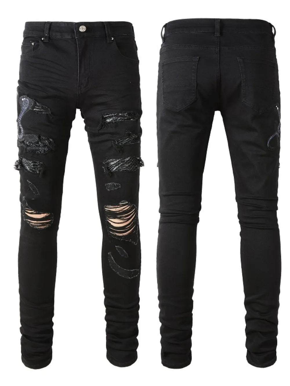 Men's Slim Fit Distressed Jeans with Snake Embroidery