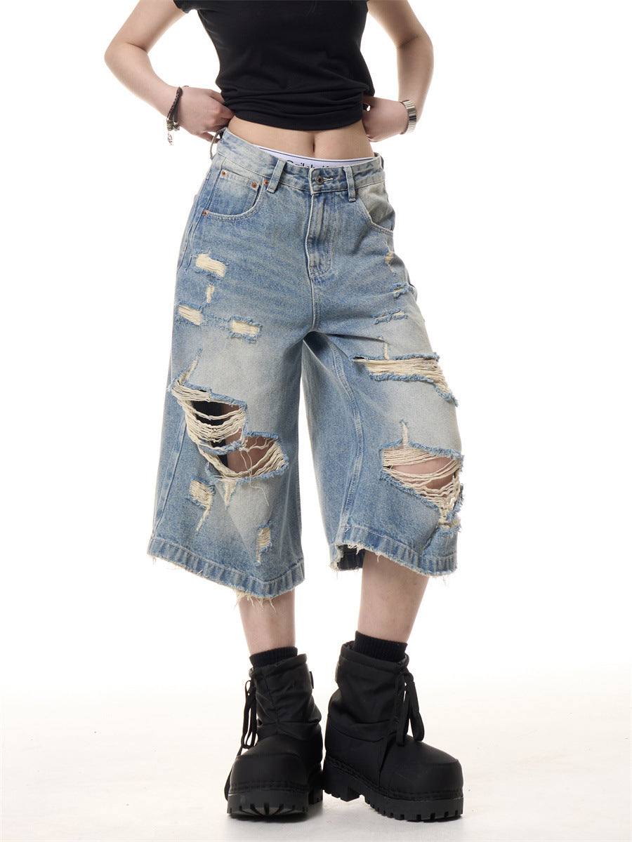 Summer Ripped Thin Cropped Pants in Blue Denim