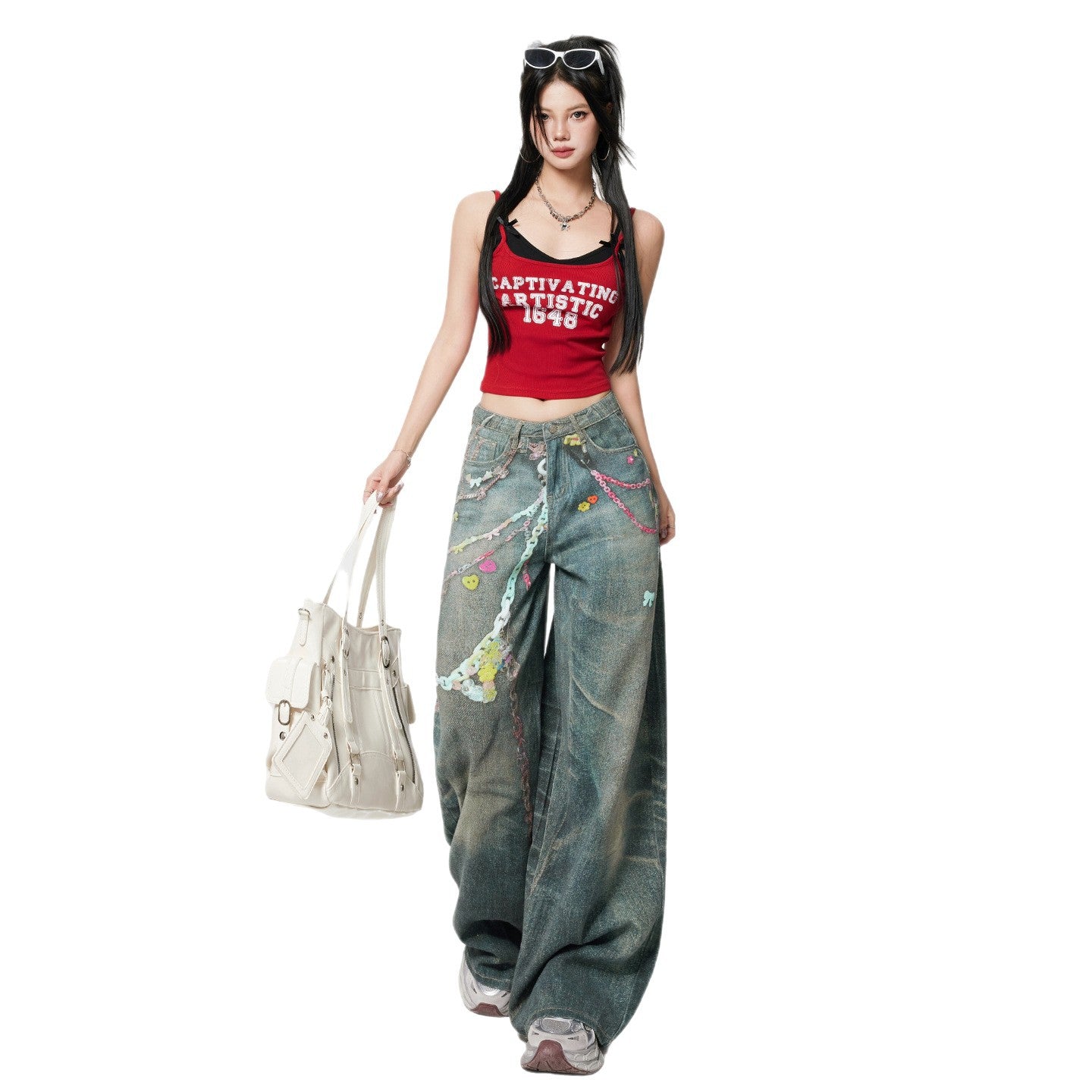 Candy Chain Pants Spicy Girl Digital Print Denim Trousers Women Fashion Straight Leg Wide Leg Pants