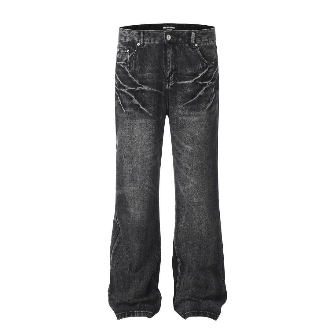 High Street Lightning Crack Washed Denim Trousers - Faded Cat Whiskers Loose Flared Jeans