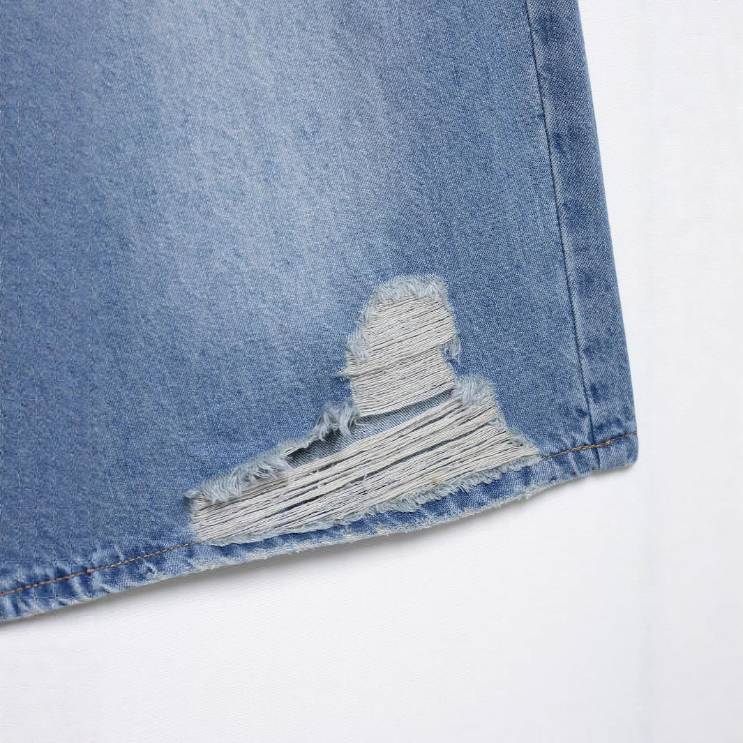 Casual Royal Blue Broken Hole Denim Shorts for Women