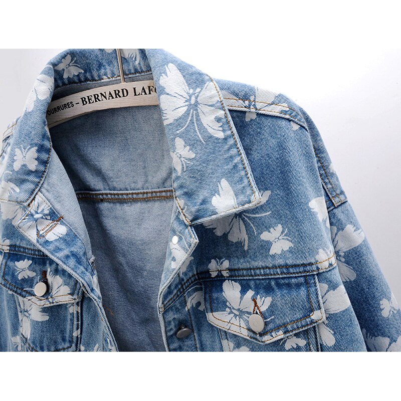 Women's Blue Butterfly Print Denim Jacket - Casual Loose-Fit Short Coat