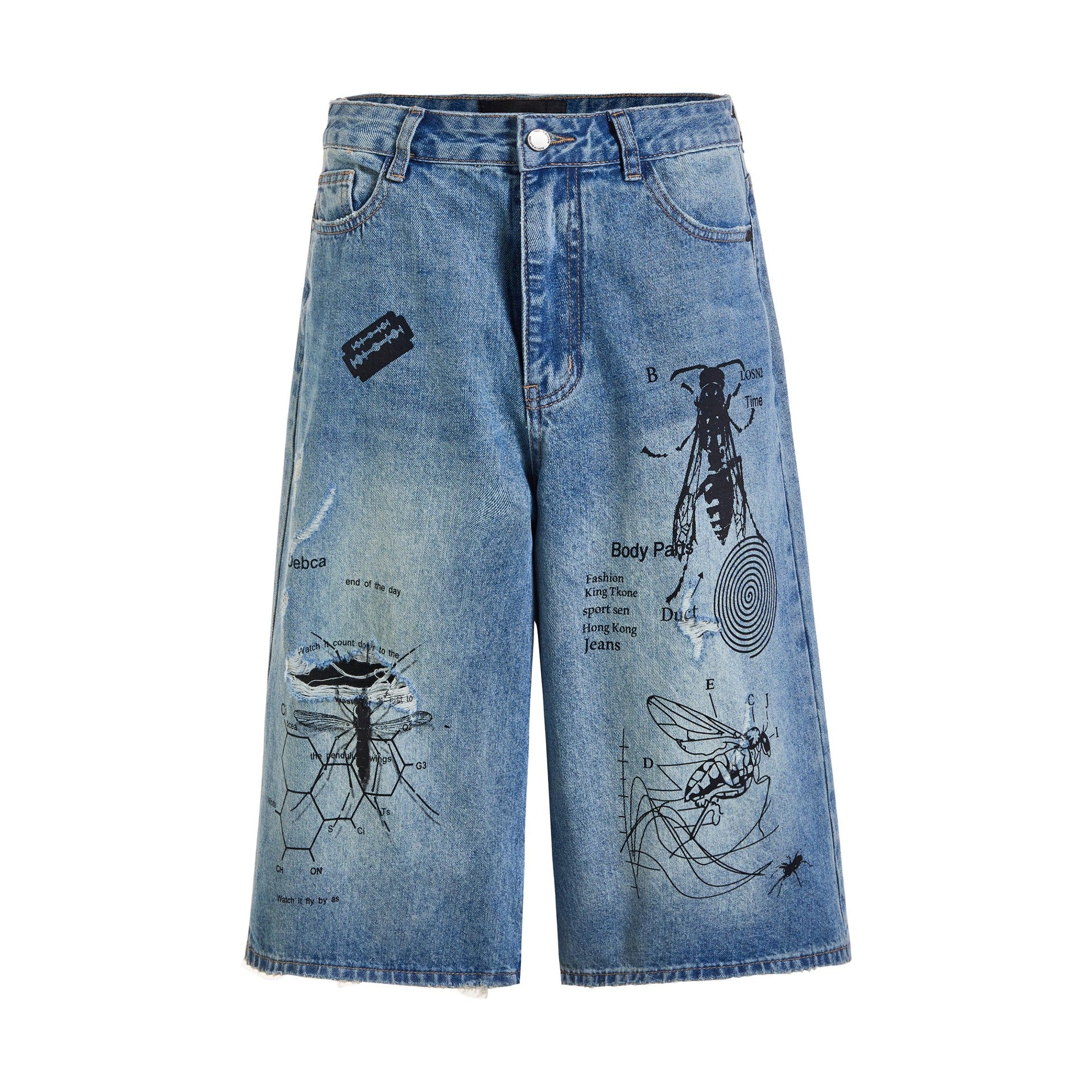 Street Graffiti Print Destroyed Hole Seven-Quarter Denim Shorts for Men