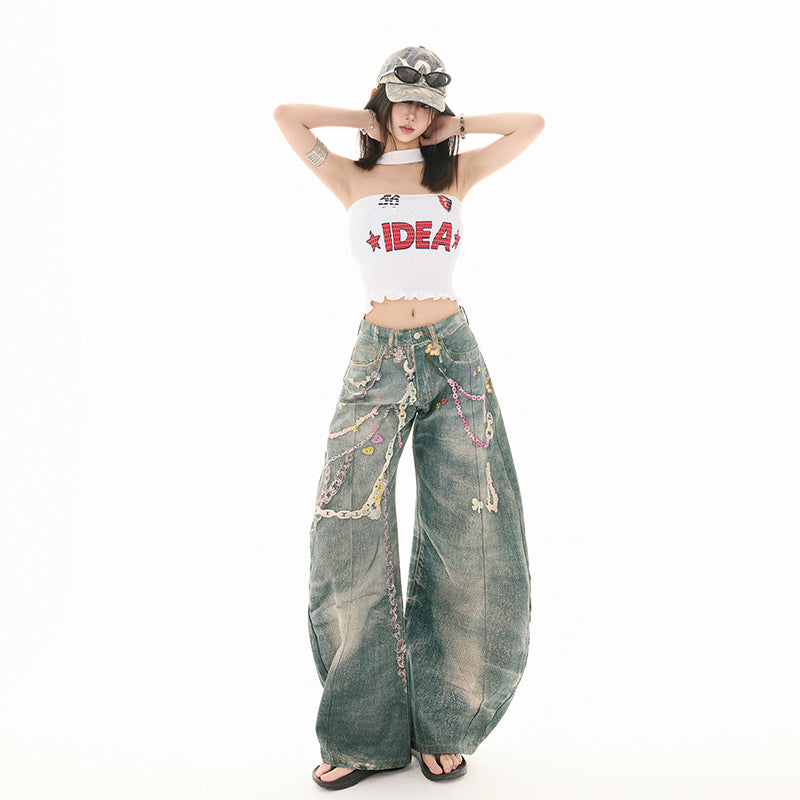 Women's High Street Wide-Leg Floor-Length Denim Pants