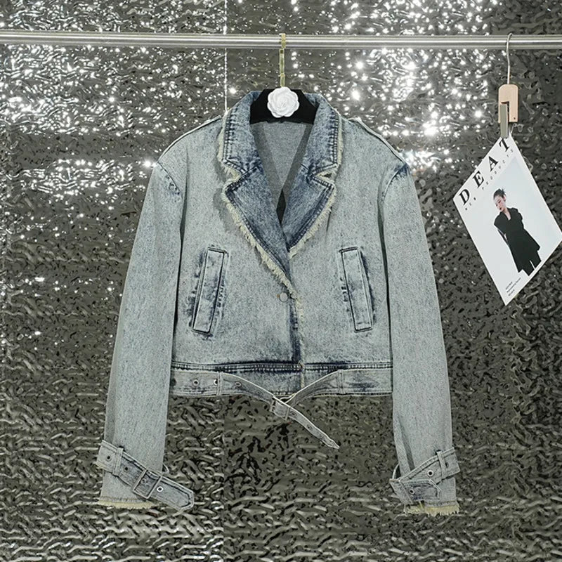 Women's Washed Denim Jacket with Fringes - Retro Casual Top