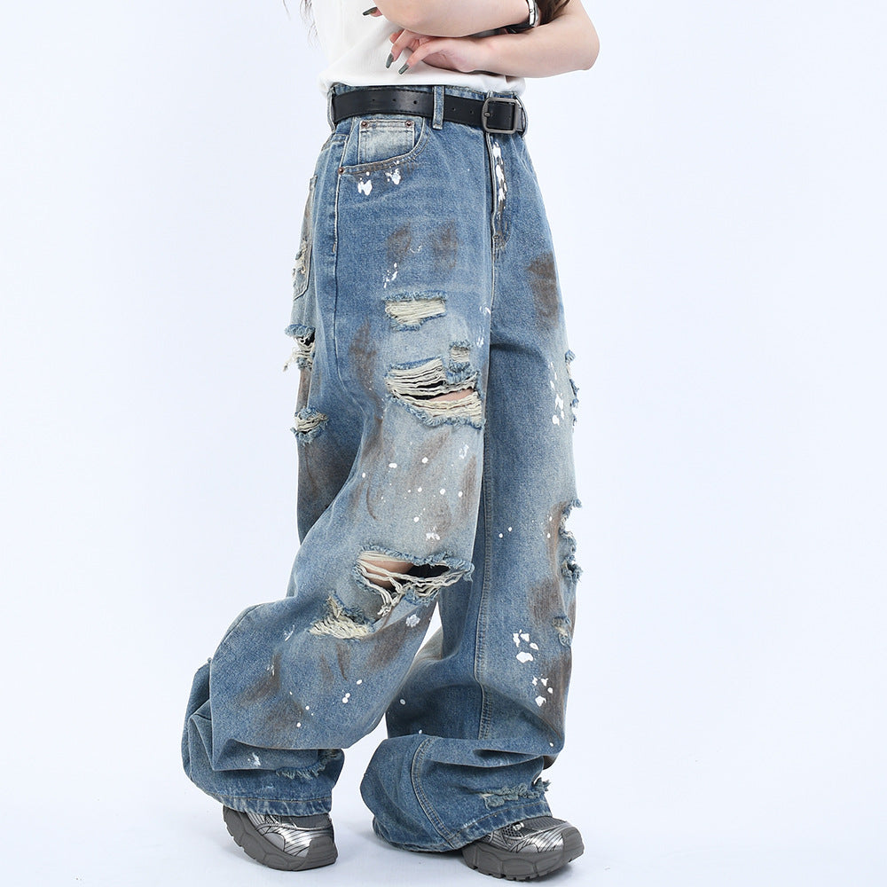 Vintage Washed Denim Pants with Wide Leg and Perforated Design