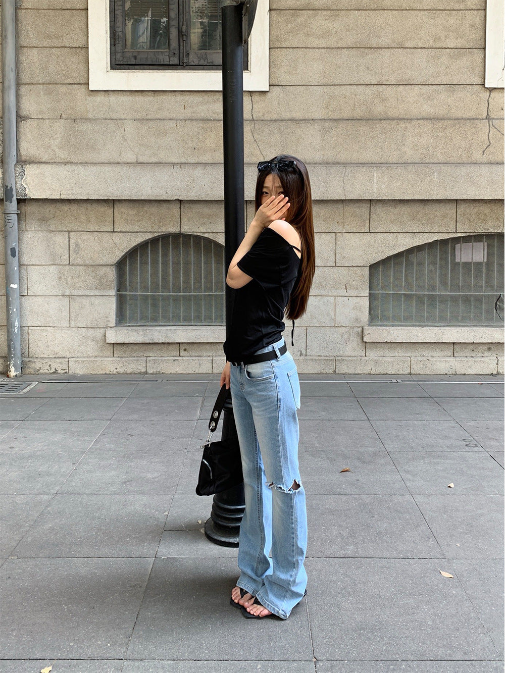 High Street Retro Distressed Denim Pants for Women with Micro-Elasticity and Slimming Effect - Straight Leg Jeans