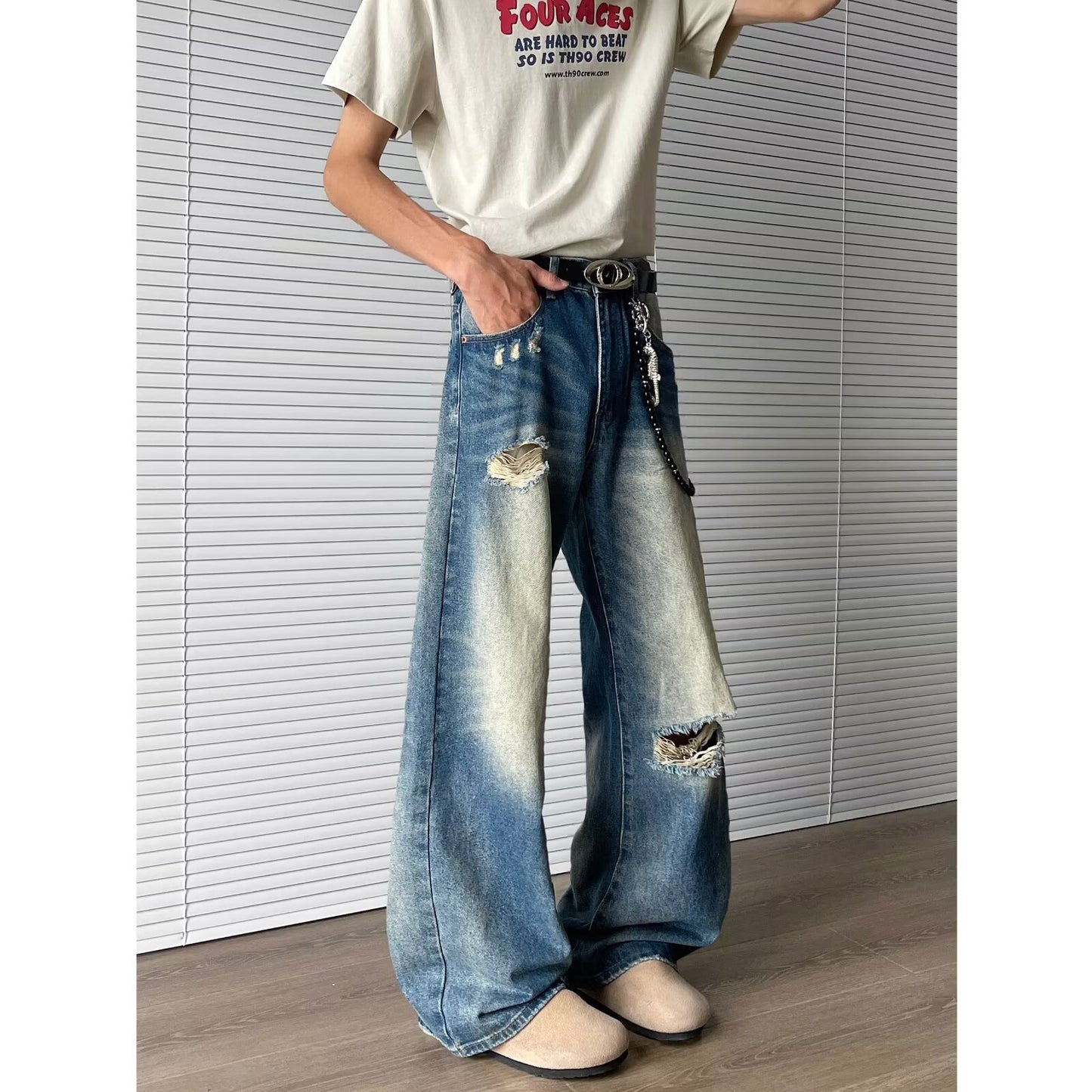 Ripped and Washed Denim Straight Leg Pants