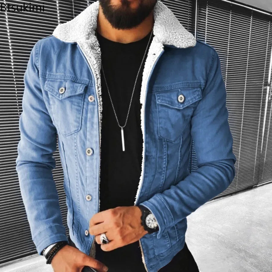 Men's Thickened Warm Denim Coat with Plush Lapel