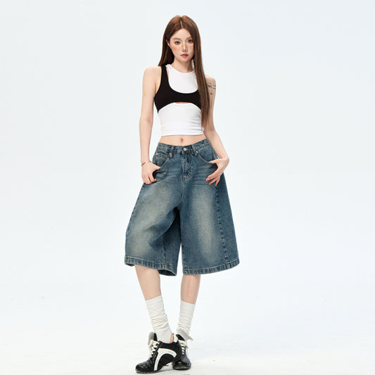 Women's Loose Casual Denim Trousers - Water-Washed Wide-Leg Pants