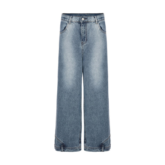 Inverted Reverse Design Washed Distressed Loose Straight Wide Leg Jeans