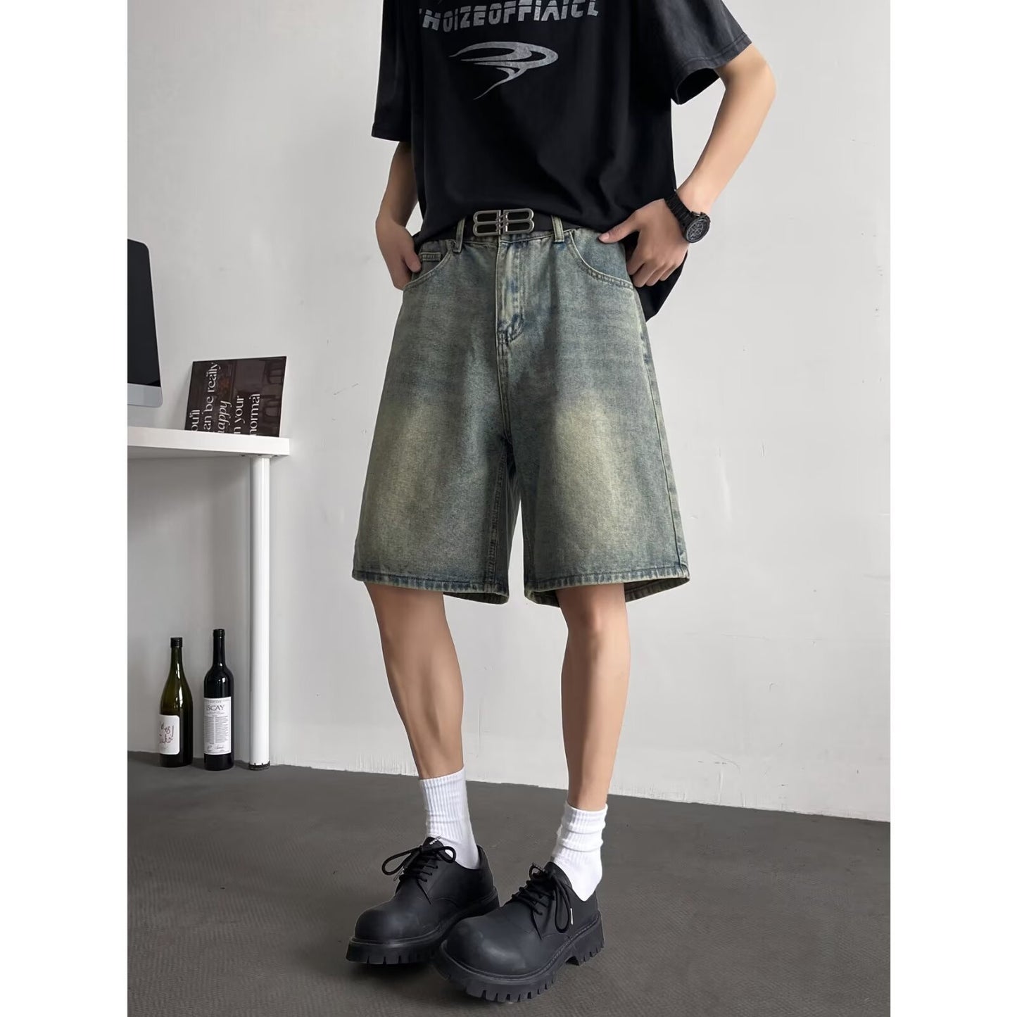 Washed Denim Loose Casual Straight Leg Cropped Pants