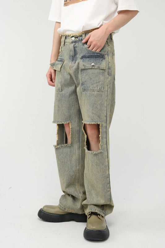 Premium Raw Hem Distressed Jeans in Japanese Denim