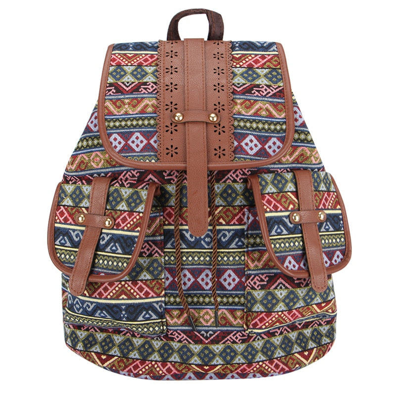 Hollow Out Leather Backpack For Women Drawstring Rucksack Bohemian
