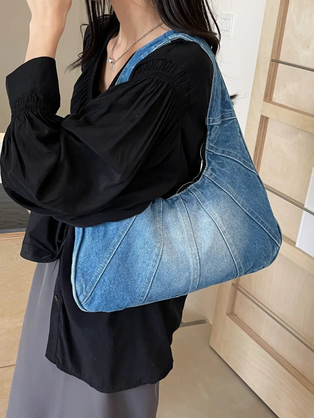 Crescent Denim Shoulder Bag