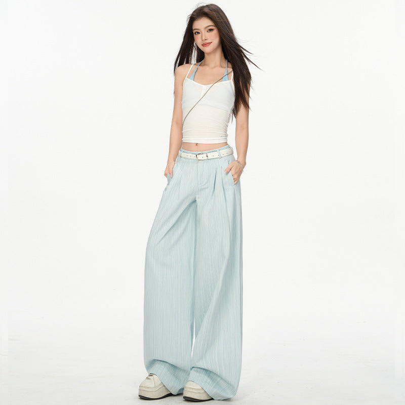 Women's Mint Blue High-Waisted Loose Pleated Denim Straight Leg Wide-Leg Pants