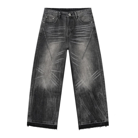 Nirben Denim | New Frayed Hem Washed Gray Men's Jeans with Whiskers