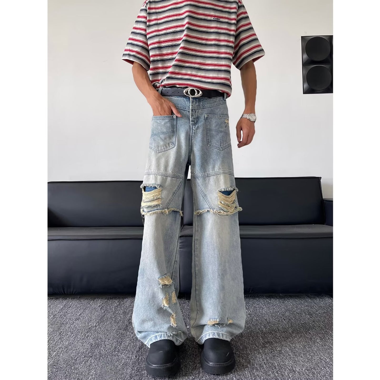 Washed Ripped Denim Loose Straight Leg Wide Leg Pants