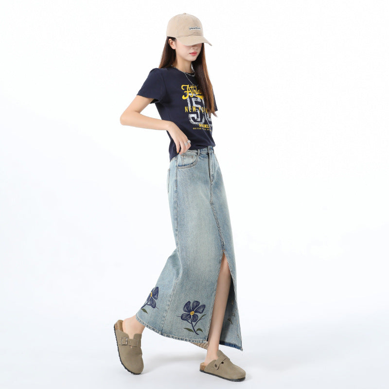 Embroidered Floral Denim Skirt for Women - High Waist Slim Fit Midi A-Line Dress