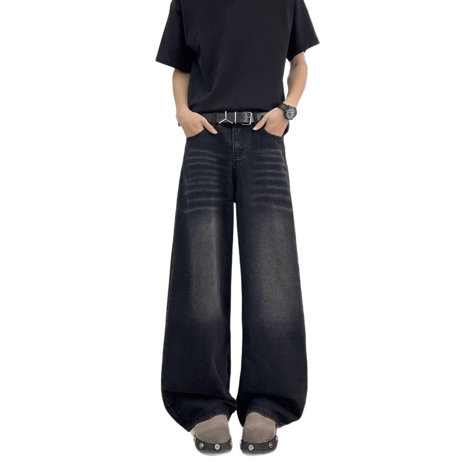 Curved Knife Denim Loose Straight Leg Pants with Letter Embroidery