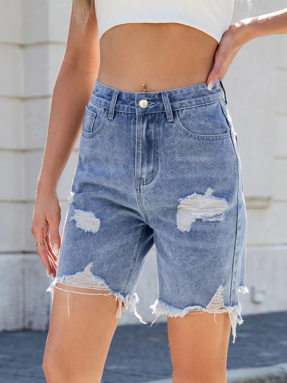 Distressed Raw Hem Denim Shorts - Premium Japanese Denim